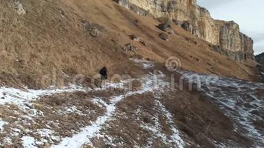 穿着羽绒服和帽子的女游客在岩石峡谷的初冬沿着小径散步。 黄色的草和碎片